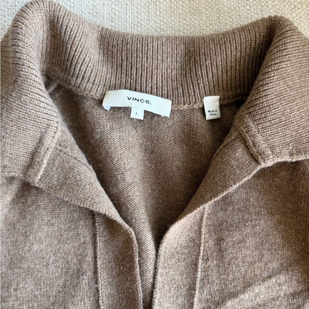 VINCE Women’s Wool Cashmere Open Neck Polo Sweater in Heather Chestnut - Picture 5 of 8